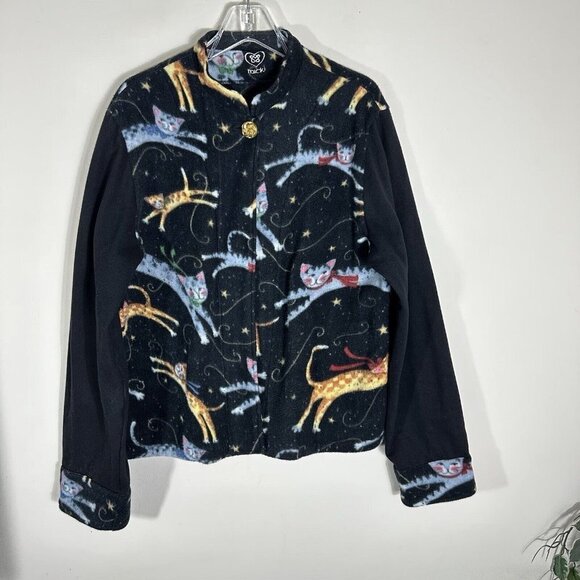 VTG 90s Womens Large L All Over Jumping Kitty Cat Print Fleece Jacket - Picture 1 of 6